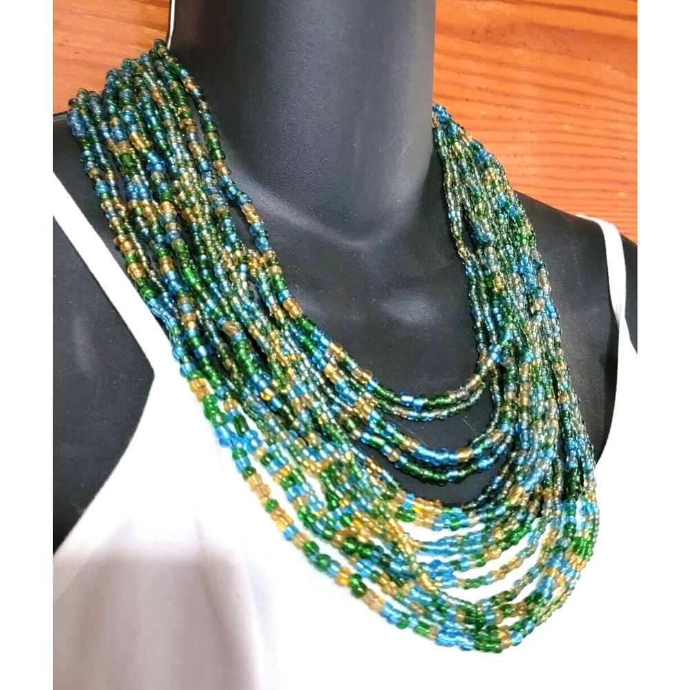 Multi‎ Strand Blue Glass Necklace, 16 Strands, 19" Long Statement blu01-16